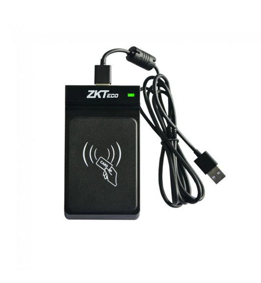 ZKTeco card reader with USB cable on a white background