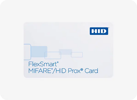 HID FlexSmart MIFARE/HID Prox Card packaging on a white background