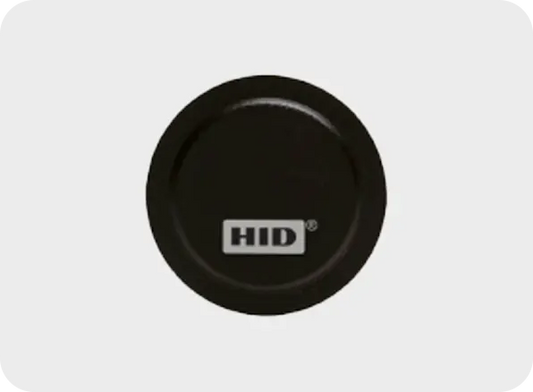 Black circular object with 'HID' logo on a white background