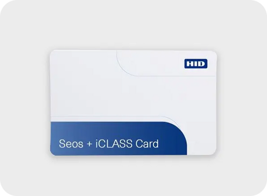 HID Seos + iCLASS card on a white background