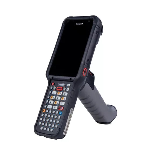 Handheld device with a screen and keypad on a white background