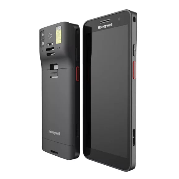 Two Honeywell devices, one black handheld device and one gray device with a camera, on a white background.