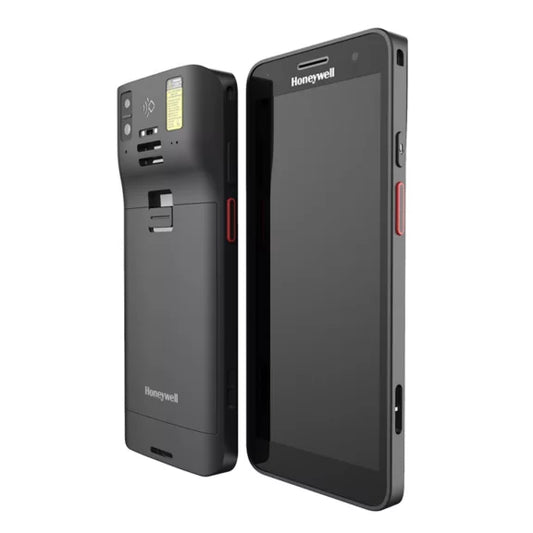 Two Honeywell devices, one black handheld device and one gray device with a camera, on a white background.