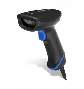 Black and blue barcode scanner on a white background