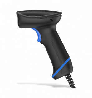 Black handheld barcode scanner with blue accents on a white background