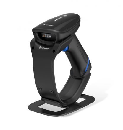 Black handheld barcode scanner on a white background