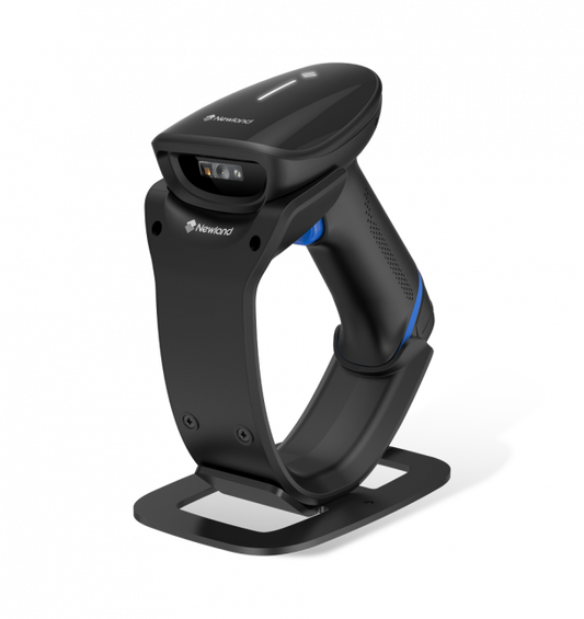 Black handheld barcode scanner on a white background