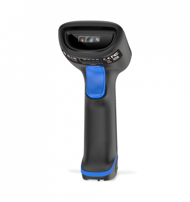 Black and blue barcode scanner on a white background