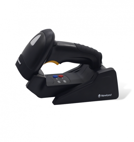 Black barcode scanner with Newland branding on a white background