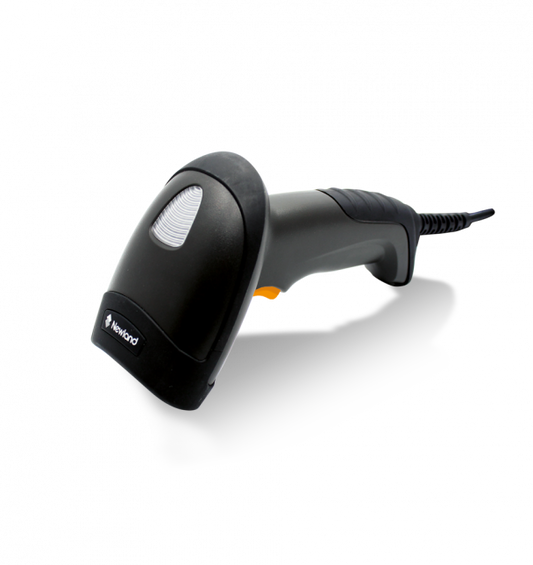 Black barcode scanner with Newland logo on a white background
