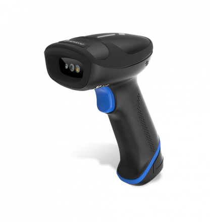 Black barcode scanner with blue accents on a white background