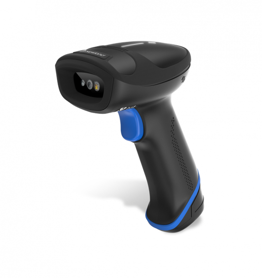 Black barcode scanner with blue accents on a white background