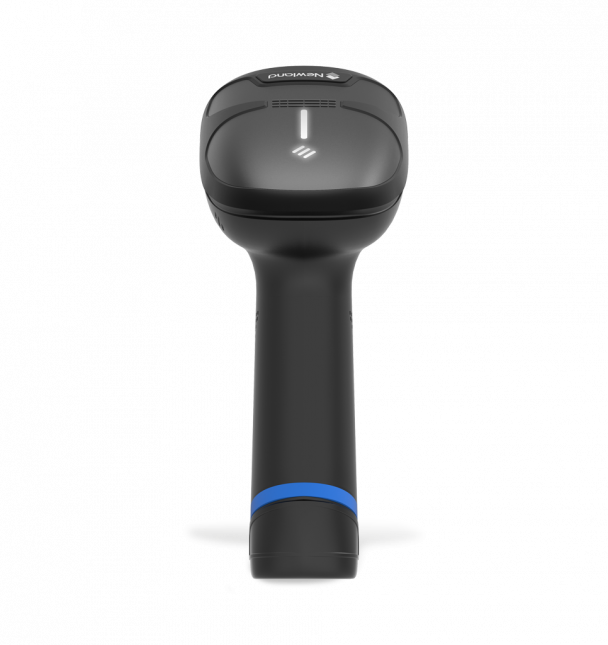 Black barcode scanner with blue accent on a white background