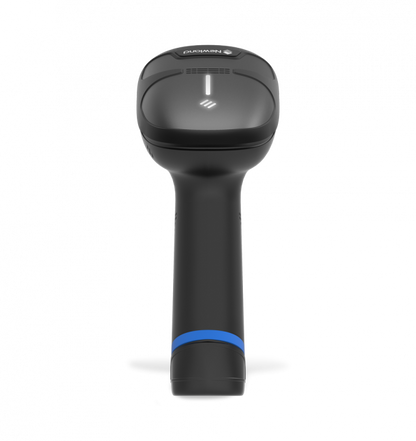 Black barcode scanner with blue accent on a white background