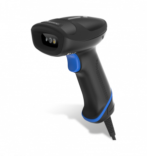 Black and blue barcode scanner on a white background