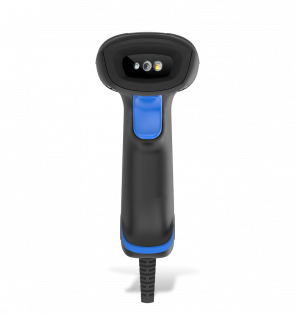 Handheld barcode scanner with black and blue design on a white background