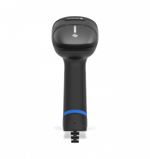 Black handheld scanner with blue light on a white background