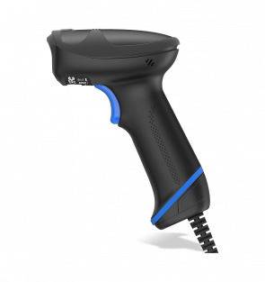 Black barcode scanner with blue accents on a white background