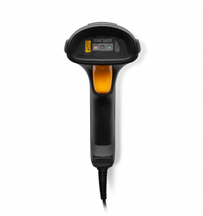 Black and yellow barcode scanner on a white background
