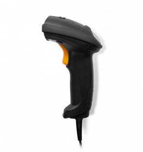 Black and orange barcode scanner on a white background