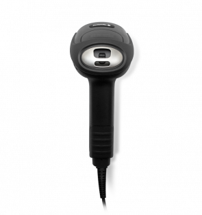 Black handheld device with a white circular component on a white background
