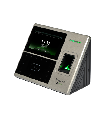 Biometric time attendance and access control terminal with a digital screen, face recognition camera, fingerprint sensor, and numeric keypad.