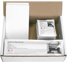 Box containing cleaning supplies with labels on a white background