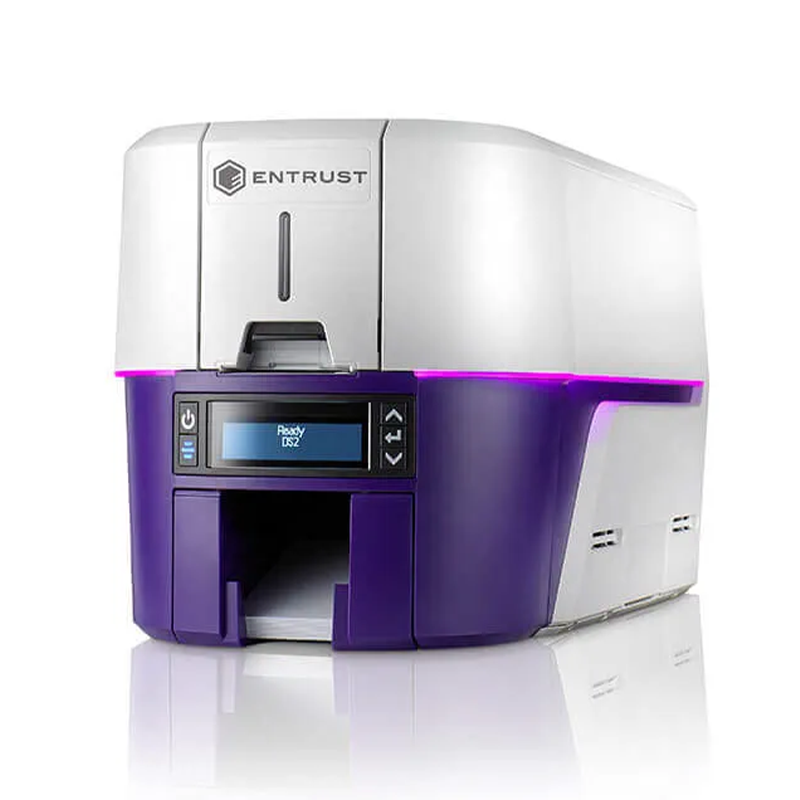 Entrust card printer with purple base on a white background