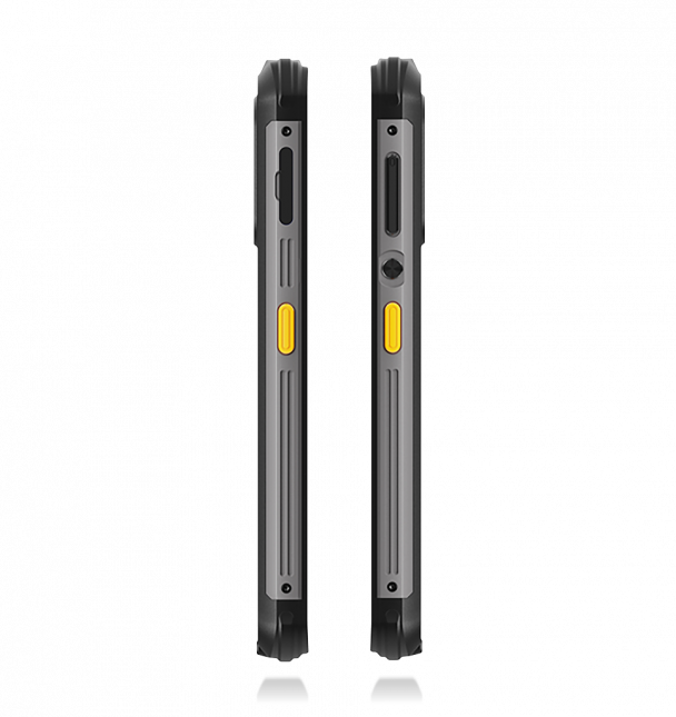 Side view of a rugged device with yellow accents on a white background