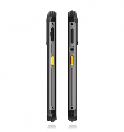 Side view of a rugged device with yellow accents on a white background