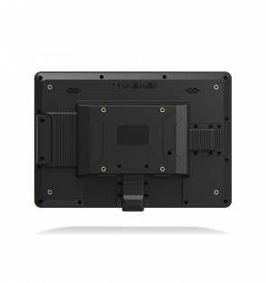 Back view of a black electronic device on a white background