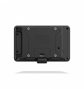 Black rectangular device with mounting brackets on a white background