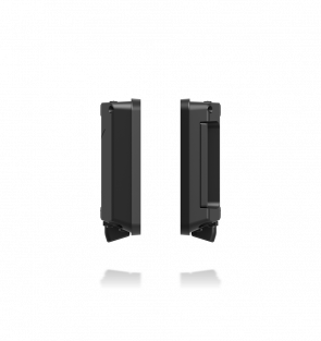 Two black rectangular objects on a white background