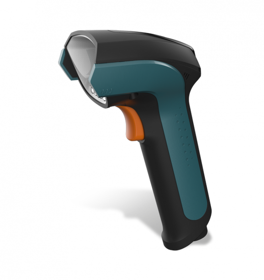 Handheld barcode scanner with black and teal design on a white background
