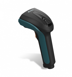 Barcode scanner with black and teal design on a white background
