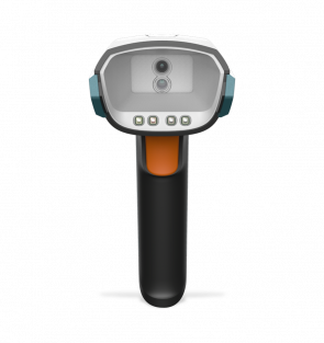 Handheld barcode scanner with a black handle and gray top on a white background