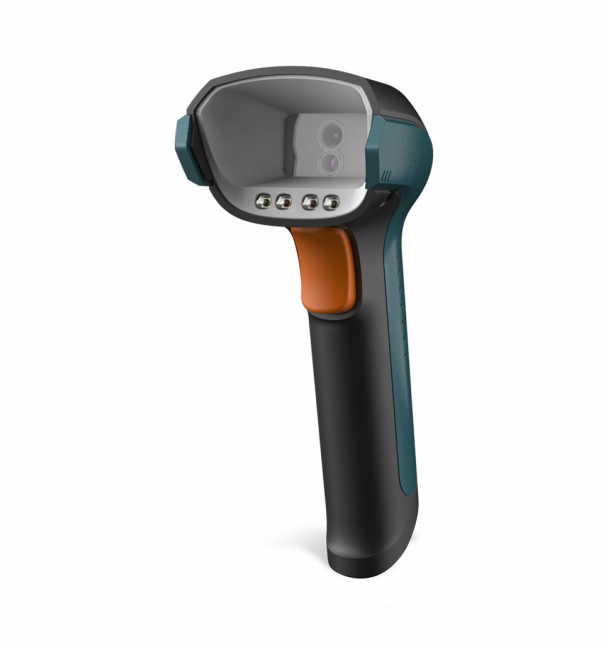 Handheld barcode scanner with a black and orange design on a white background