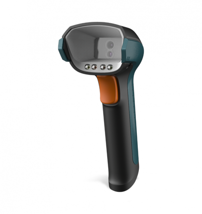 Handheld barcode scanner with a black and orange design on a white background