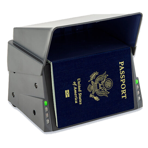 Passport scanner with a U.S. passport inserted on a white background