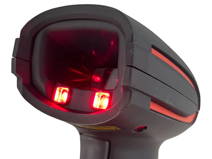 Barcode scanner with red light on a white background