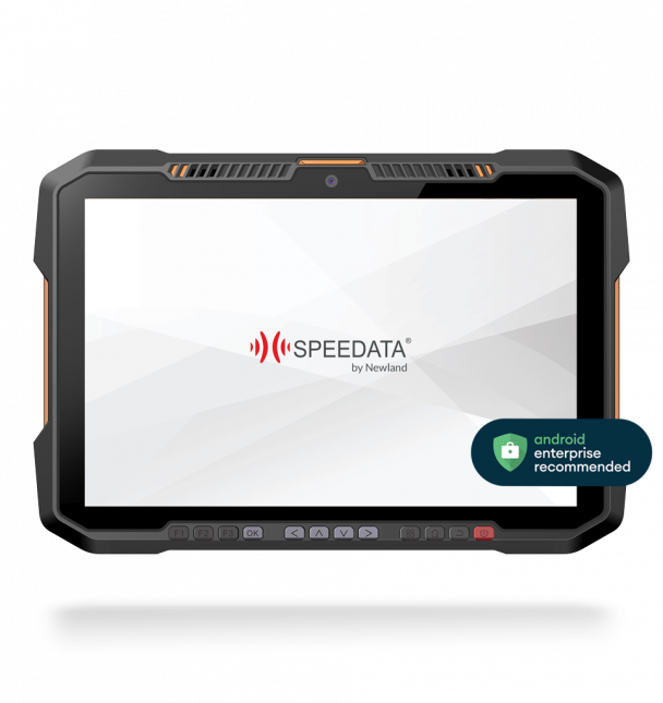 Rugged tablet with Speedata logo and Android Enterprise Recommended badge on a white background