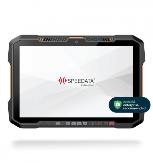 Rugged tablet with Speedata logo and Android Enterprise Recommended badge on a white background