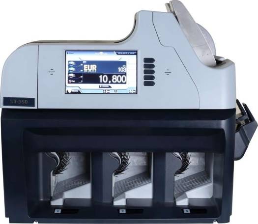 Currency counting machine with a display showing currency details on a white background