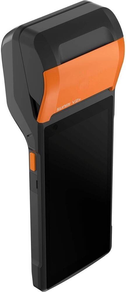 Handheld device with black screen and orange accents on a white background