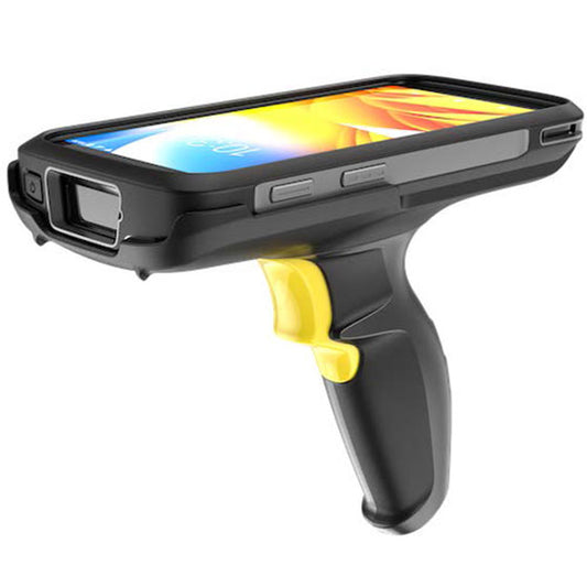 Rugged phone case with a yellow handle on a white background