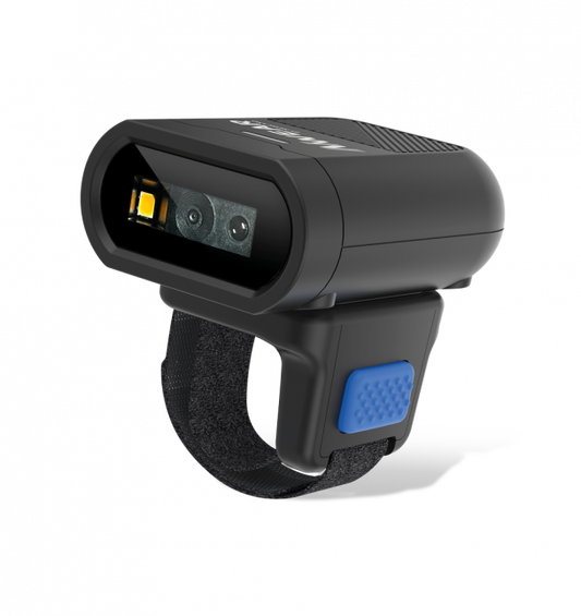 Black and blue ring-shaped device on a white background