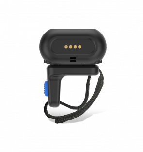 Black handheld device with a cord on a white background